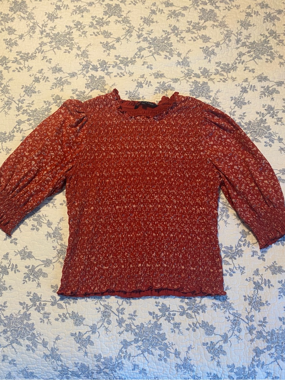 Veronica Beard Langston Smocked Puff Sleeve Floral Top Red Size Medium